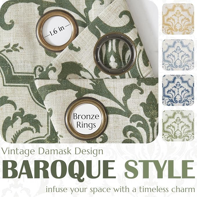 jinchan Linen Curtains for Bedroom & Living Room - Moss Green Damask Patterned Curtains, 84 Inches Long, Light Filtering, Vintage Baroque Style Drapes with Grommet Window Treatments - 2 Panels Set