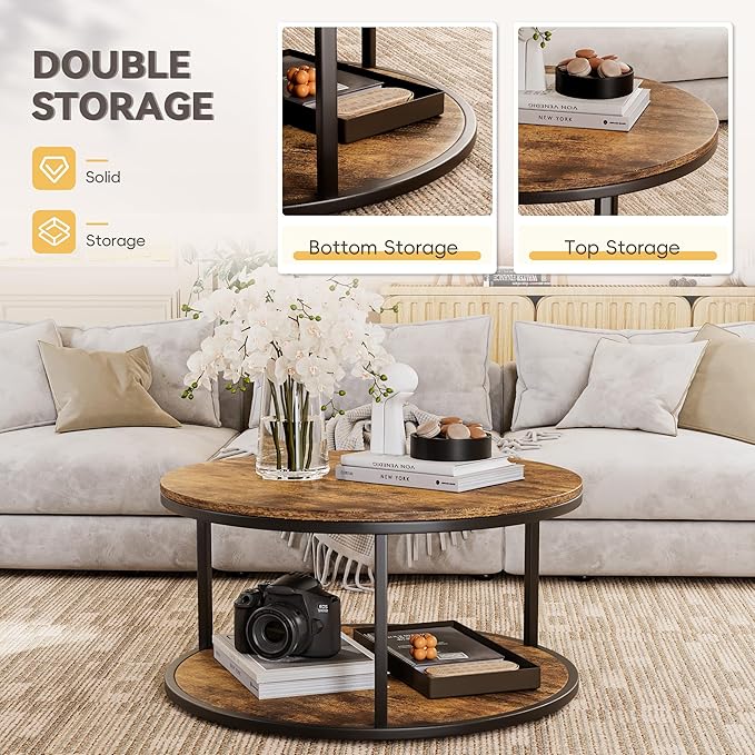 YESHOMY 36“ Wood Round Coffee Table, Coffee Tables for Living Room, Metal & Wood Round Table, Small Space Solution for Living Room Furniture, Rustic Brown