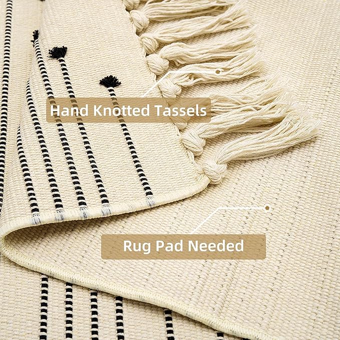 Tritard Boho Hallway Runner Rug 2x12 - Washable Lightweight Area Rug Farmhouse Aztec Cotton Long Rugs with Tassels Kitchen Bathroom Woven Low Pile Thin Carpet for Entryway, Bedroom, Beige Cream
