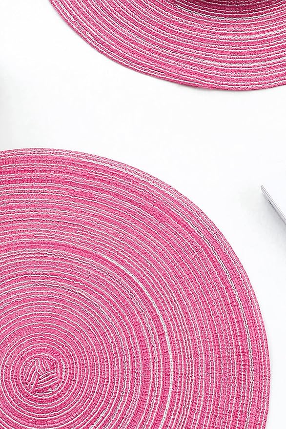 Floroom 15 Inch Round Braided Placemats Set of 4, Washable Heat Resistant Cotton Polyester Circle Place Mats for Kitchen Dining Table - Berry Pink
