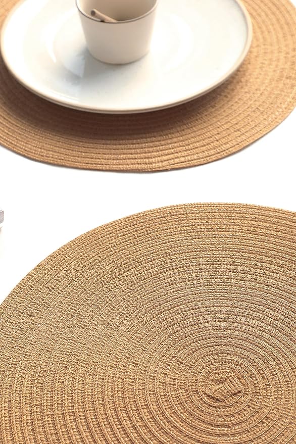 Floroom 15 Inch Round Braided Placemats Set of 6, Washable Heat Resistant Cotton Polyester Circle Place Mats for Kitchen Dining Table - Brown