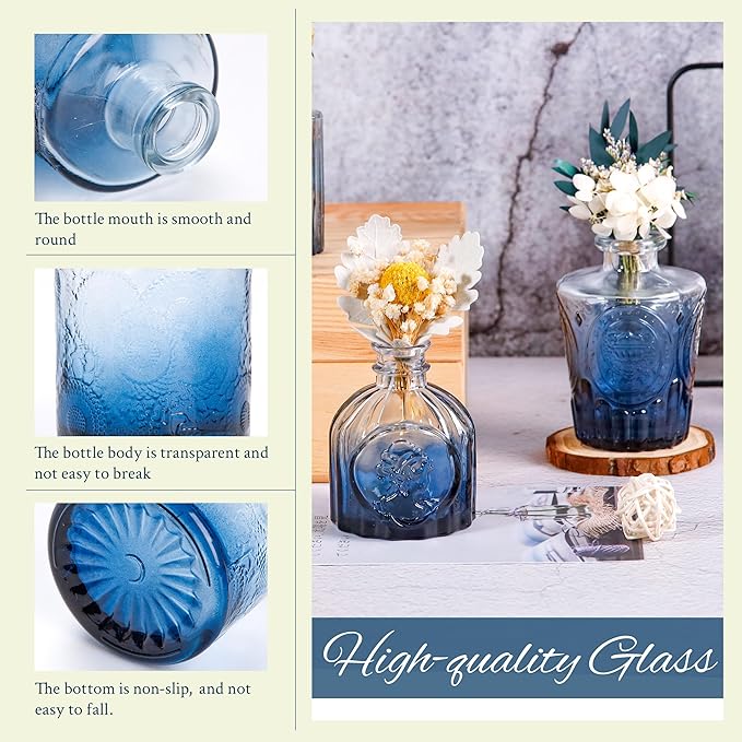 Der Rose Bud Vases in Bulk Glass Vase for Centerpieces Set of 12 Small Flower Vases Mini Vintage Vases for Rustic Wedding, Home Table Decorations (Blue)
