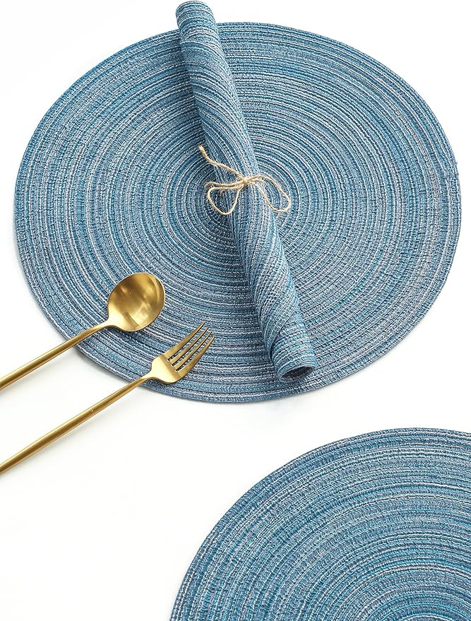 Floroom 15 Inch Round Braided Placemats Set of 4, Washable Heat Resistant Cotton Polyester Circle Place Mats for Kitchen Dining Table - Dusty Blue