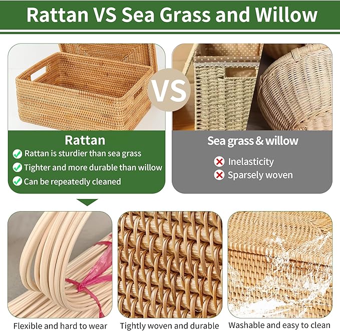 Rattan Basket With Lid, Large Lidded Basket For Storage, Rattan Box(22.8" L×19.7" W×17.7" H)
