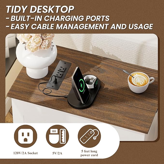 Narrow End Table with Storage, Farmhouse Side Table with Power Outlets & USB Ports, Small Night Stand for Living Room, for Bedroom, Living Room (Wood Door, White & Espresso)