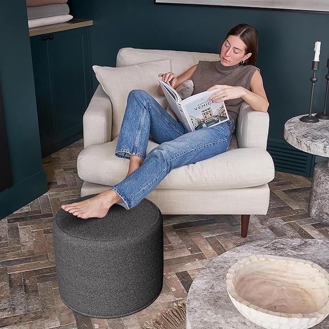 ZICOTO Beautiful Boucle Pouf Ottoman and Foot Rest - Elevate Your Living Room Decor with Lightweight Comfort and Charm - A Round Modern Foam Filled Foot Stool Perfect to Rest Your Feet