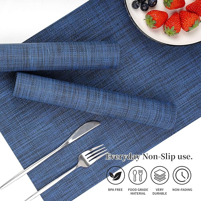 Zupro Placemats Set of 4 Washable Heat-Resistant Non Slip Braided Table Mats Woven PVC Vinyl Kitchen Dining Patio Table Place Mats for Dinner Parties BBQs Indoor and Ourdoor Use.18"x12"(Navy Blue)