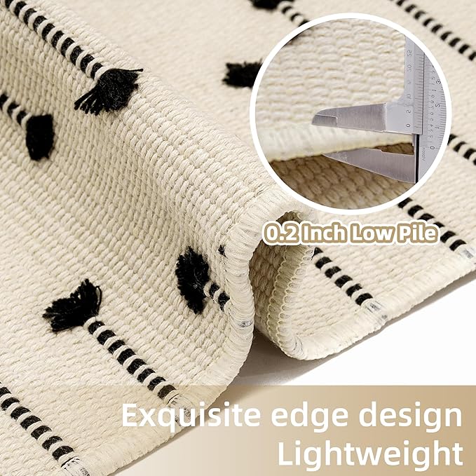 Tritard Boho Washable Area Rug 3x5 - Woven Cotton Entryway Bedroom Lightweight Throw Rugs with Tassels Farmhouse Aztec Low Pile Thin Carpet for Kitchen, Bathroom, Entrance, Living Room, Beige Cream