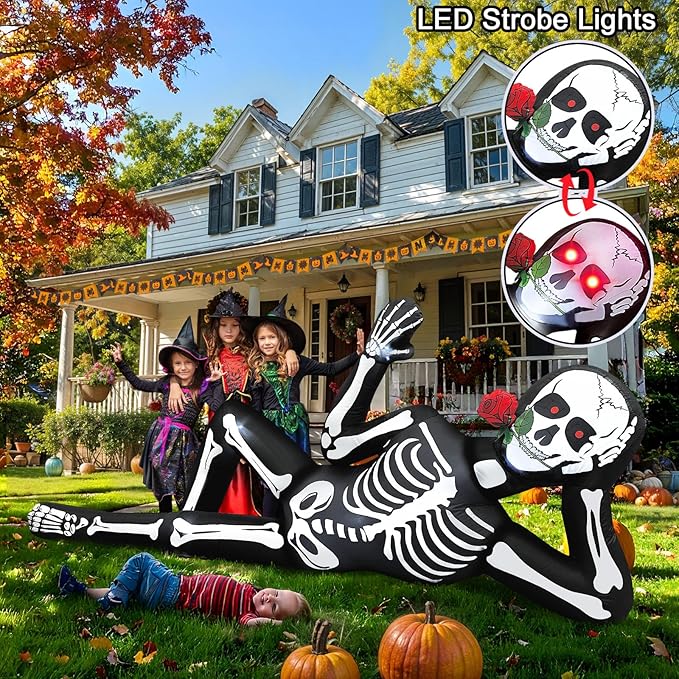10FT Halloween Inflatable Outdoor Decoration, Halloween Blow Up Yard Decorations with LED Lights, Lying Giant Skeleton Inflatable for Rooftop Garden Lawn Balcony Holiday Party Decorations
