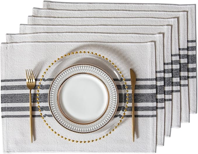 Placemats Set of 6 for Dining Table, Woven Cloth Place Mats for Kitchen Tabletop Décor, Handcrafted Machine Washable Cotton Table mats 13 x 19 Inch, Black and Beige