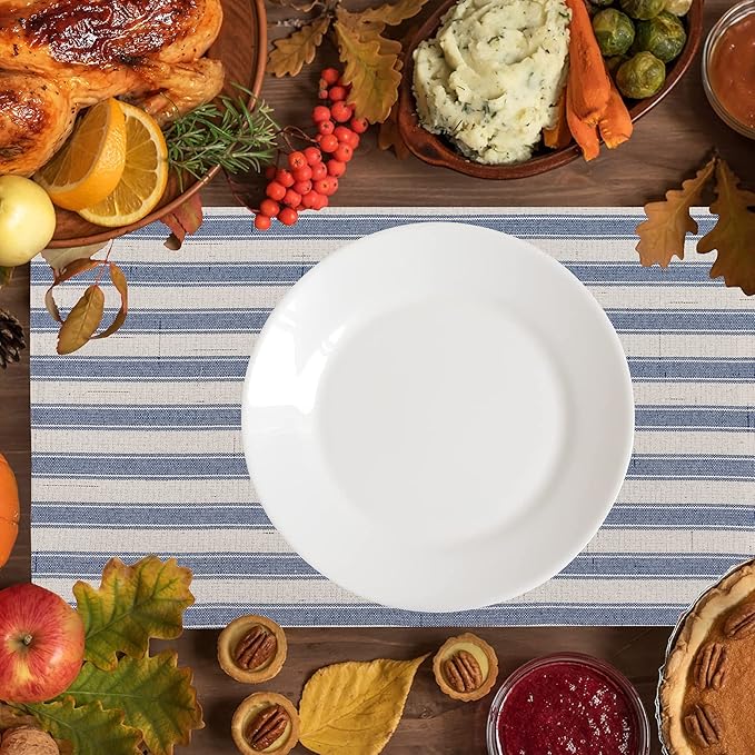 Home Brilliant Placemats Set of 6 Heat Resistant Dining Table Place Mats for Kitchen Table Farmhouse Rustic, 13 x 19 inches, Stripes, Navy Blue and Beige