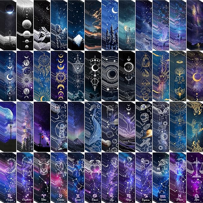 200PCS Cool Space Starry Night Bookmark for Kids Classroom 50 Designs Double-Sided Bulk Bookmarks Space Theme Book Mark for Book Lovers Students Children Rewards Gifts