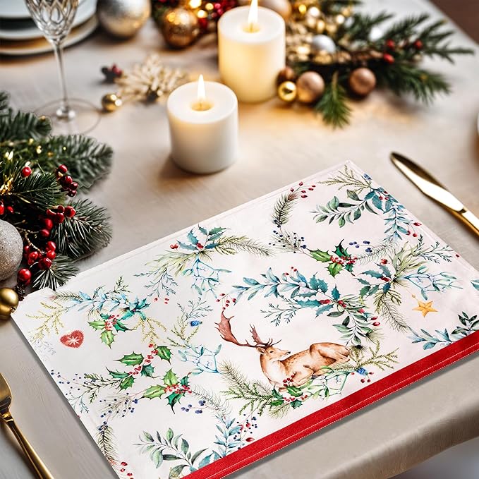 Maison d' Hermine Placemats Set of 4 100% Cotton Washable Cloth Place Mats, Reusable Table Mats for Kitchen Dining Decoration, Party, Wedding, Restaurant (Holly Time, 13" x 19")