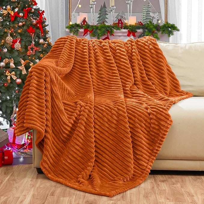 Bnuitland Burnt Orange Flannel Throw Blanket,300GSM Super Soft Fleece Stripe Pattern Sofa Blanket for Adults and Kids, Lightweight Cozy Bed Throw for Home Decor All Season