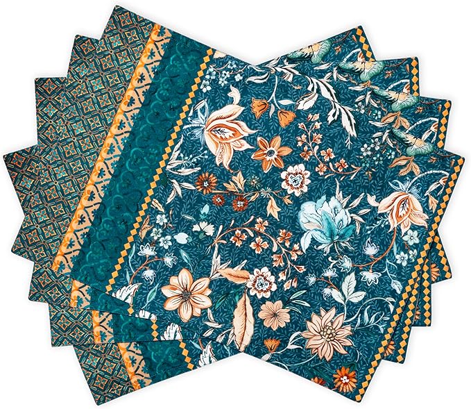 Maison d' Hermine Placemats Set of 4 100% Cotton Washable Cloth Place Mats, Reusable Table Mats for Kitchen Dining Decoration, Party, Wedding, Restaurant (Luxury Loft-Dark Teal, 13" x 19")