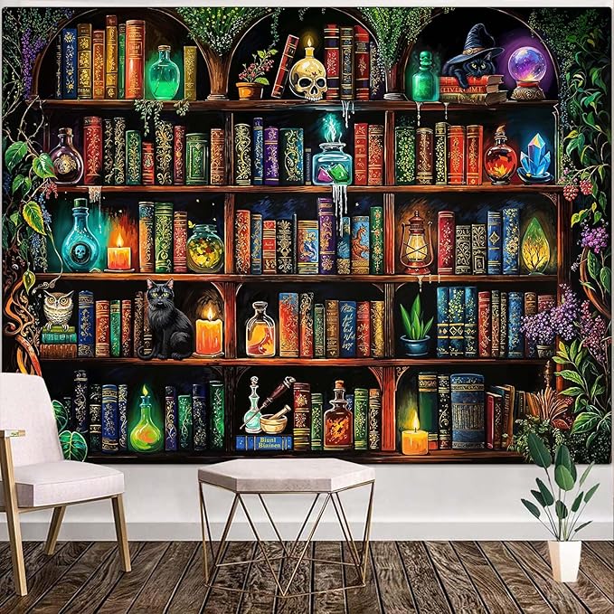 Lunerfex Witch Bookshelf Library Tapestry Wall Decor Tapestry for Bedroom Art Tapestries Wall Hanging for Bedroom Living Room Bookshelf06 70"x90"