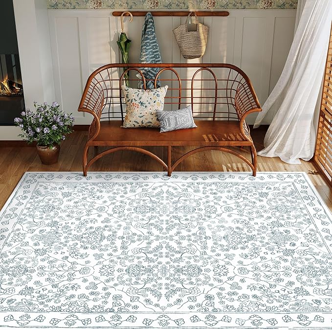 Floral Area Rug 4x6 Washable Entryway Blue Carpet Non Slip Boho Thin Farmhouse Throw Accent Rug for Living Room Bedroom Office Kitchen Bathroom