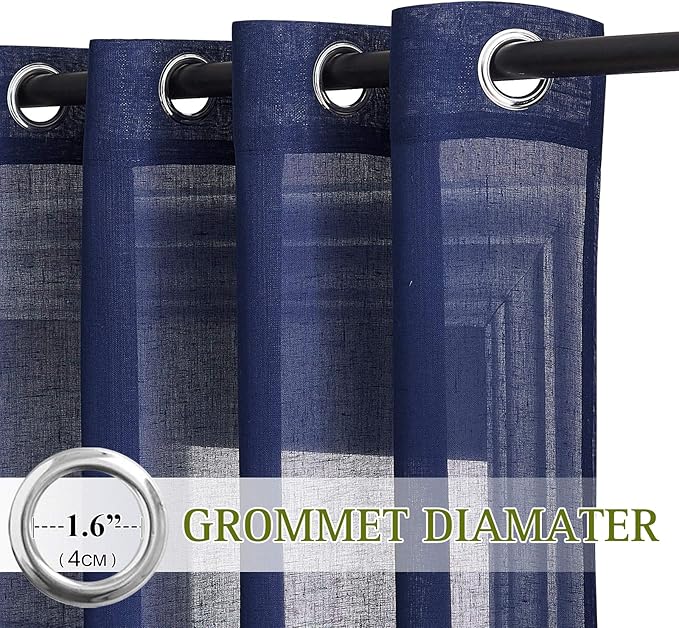 NICETOWN Linen Textured Sheer Bedroom Window Curtains, Grommet Semitransparent Vintage Natural Open Linen Wave Privacy Sheer Draperies for Hall/Villa, Dark Blue, 52W by 84L, Set of 2
