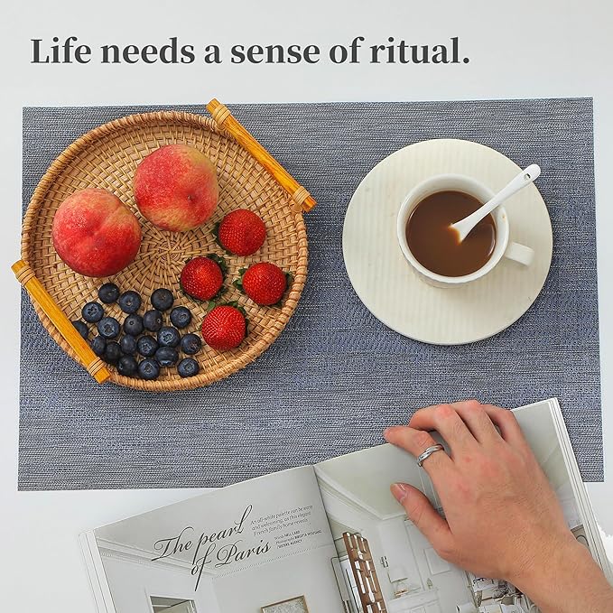 Leetaltree Denim Blue Placemats Set of 12 - Heat Resistant Non-Slip Place mats for Dining Table, Washable Durable PVC Vinyl Woven Table Mats(Denim Blue, 12)