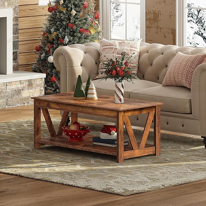 WLIVE Coffee Table, 43" Farmhouse Coffee Table with Storage Shelf & Sturdy V-Shaped Support, Wood Center Table for Living Room, Bedroom, Office and Balcony, Rustic Brown