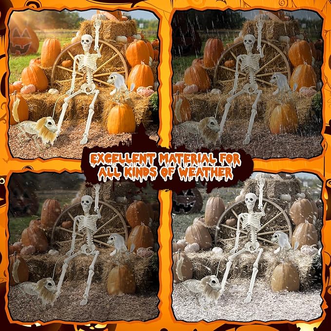 Askill 36" Skeleton Halloween Decorations, 3FT Posable Skeleton with Furry Dog & Wolf Skeleton - 3 in 1 Creepy Plastic Movable Joint Skeleton for Halloween Party Yard Decor - 36inch