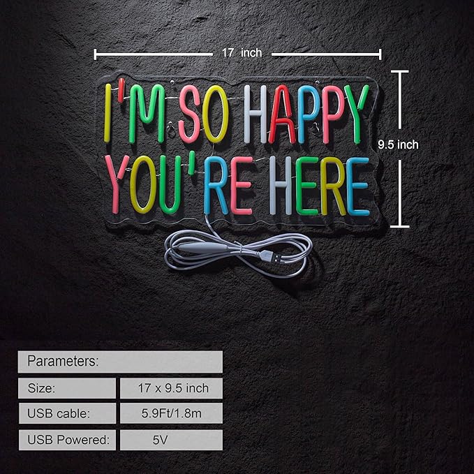 I'm So Happy You're Here Neon Sign for Wall Décor Dimmable LED Neon Light USB Powered Neon Art Signs Decor