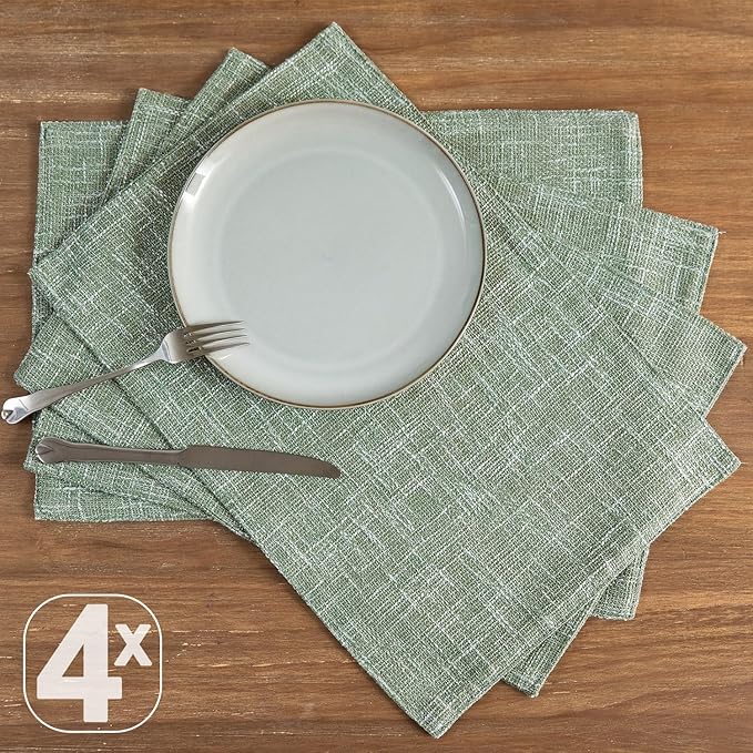 JINCHAN Burlap Textured Placemats Set of Four Farmhouse Cloth Place Mats Table Mats Sturdy Fabric Placemats for Kitchen Dining Table Double Layer Heat Resistant Tablemats 13 x 19 Inch Green