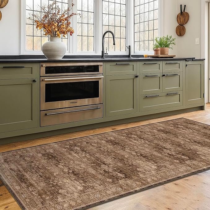 Brown Boho Washable 2x6 Runner Rugs for Hallway Kitchen Bedroom Beside Laundry Room Bathroom Rug, Pet & Kids Friendly, Non Slip Low Pile Stain Resistant Soft Faux Wool Long 24 x 72 Floor Carpet