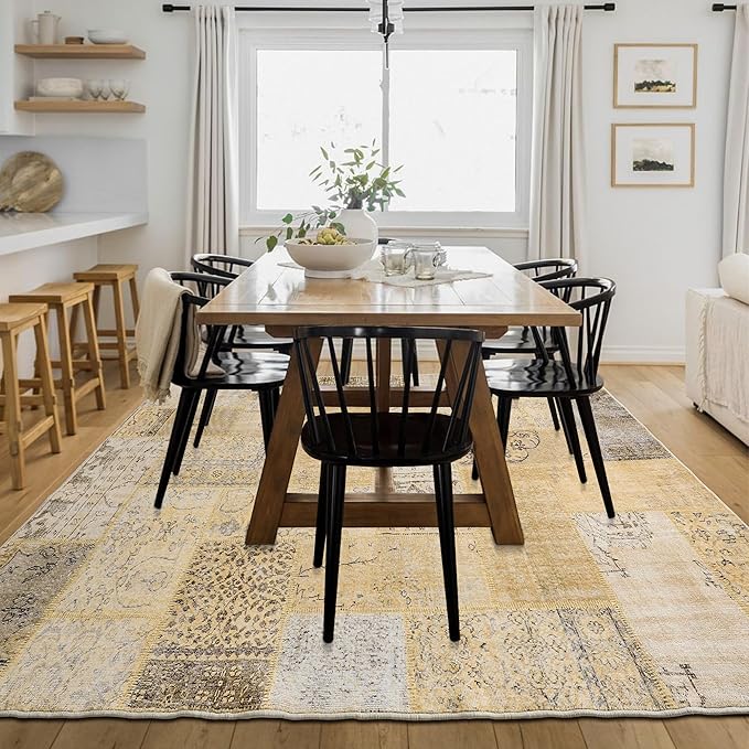 Tan Beige 8x10 Washable Large Area Rugs for Living Room,Geometric Boho Rug for Bedroom