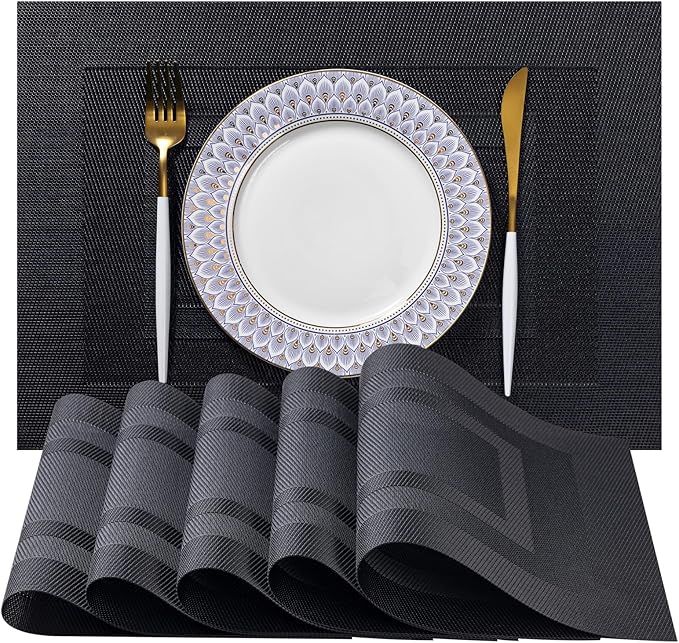 LEXMORE PlaceMats Set of 12 Vinyl/Plastic Woven Place Mats for Kitchen Table Indoor/Outdoor Washable PlaceMat Wipeable Dining Table Mats(Black Cube)
