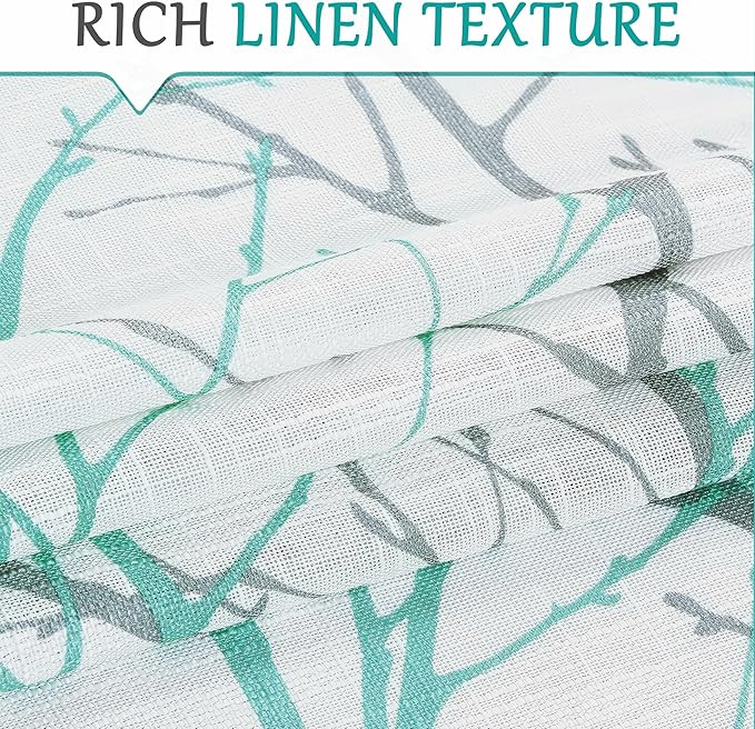 FMFUNCTEX Linen Semi Sheer Curtains for Bedroom, Auqa Blue White Curtains 96 Inches Long for Living Room, Grey Tree Branch Patterned Curtain Light Filtering Window Drapes, Grommet Top 2 Panels