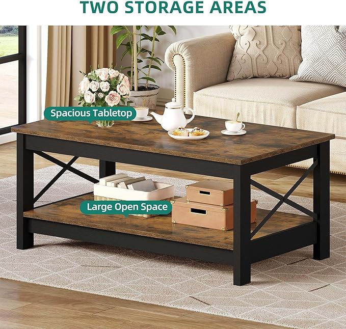 YITAHOME Coffee Tables for Living Room, Modern Farmhouse Coffee Table with Storage, 2-Tier Center Table for Living Room Wood Table Accent Cocktail with Sturdy Frame, Rustic Brown