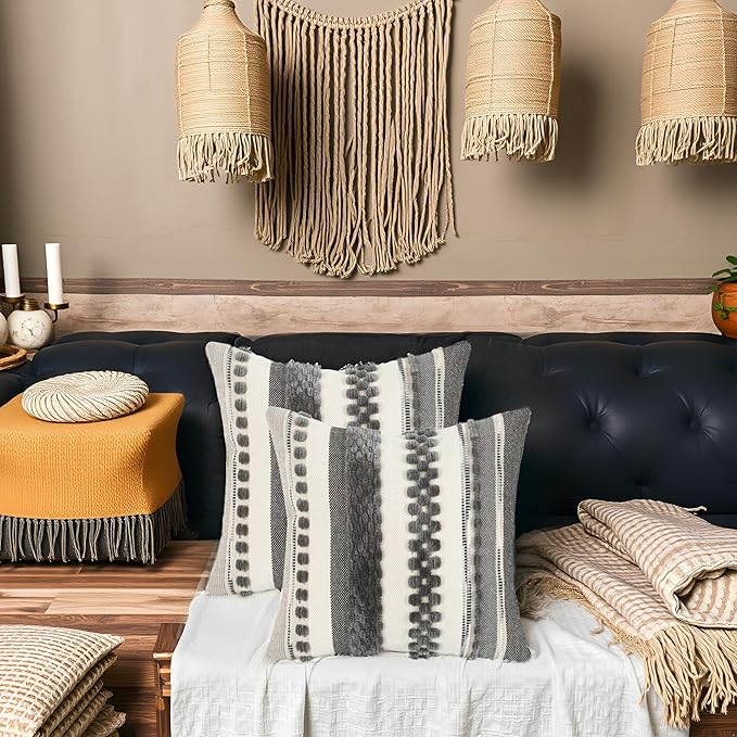 Tosleo Boho Throw Pillow Covers 18x18 Set of 2 Striped Decorative Pillow Cases Accent Chenille Pillowcases Farmhouse Cushion Case Bohemian Nuetral Textured Pillow Cover,Gray