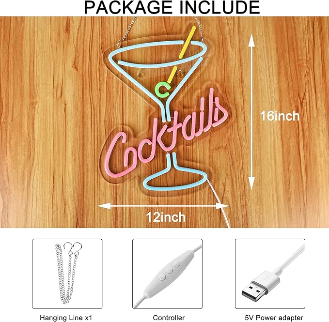 Cocktails Neon Sign for Wall Decor Man Cave Bar Home Art Neon Light LED Neon Lights Signs with Dimmer for Bedroom Office Hotel Pub Cafe Recreation Room Wall Artwork Sign Decor(15X13inches)