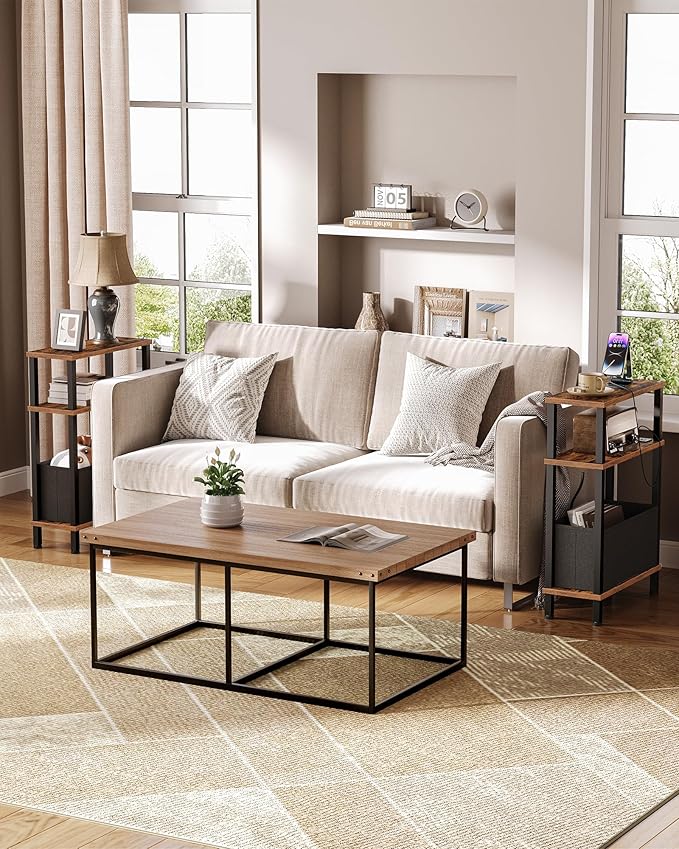 Small Narrow Side Table with Charging Station, Skinny End Table with Fabric Basket, Slim Nightstand for Small Spaces, Sofa Side Table, for Living Room, Bedroom, Rustic Brown and Black TBZ07UBF