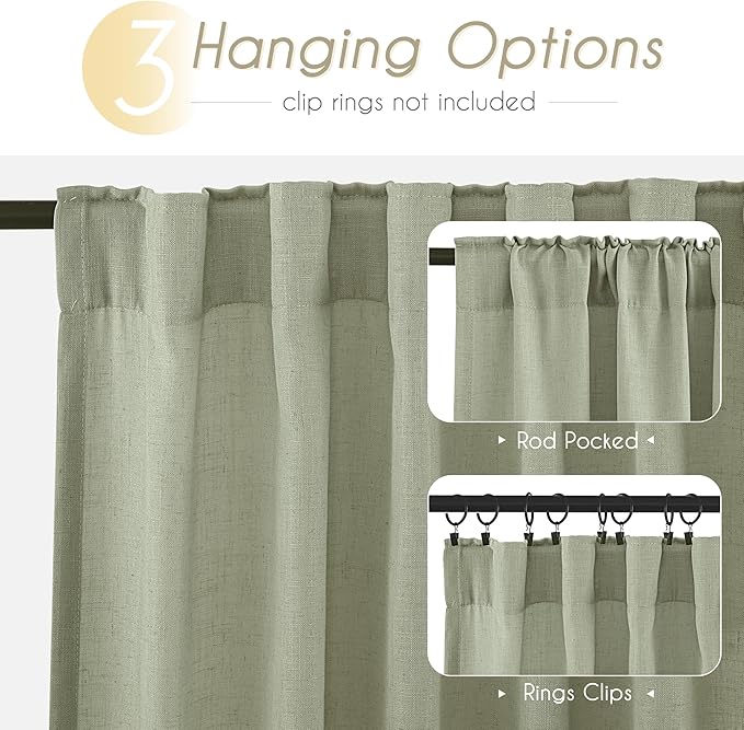 Linen Blend Sage Green Curtains 84 inch Length 2 Panels for Bedroom Back Tab Light Filtering Semi Sheer Drapes Linen Cotton Textured Light Green Airy Modern Farmhouse Living Room Sage Aesthetic Decor