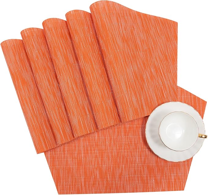 SHACOS Small Round Table Placemats Set of 4 Wedge Placemats Heat Resistant Woven Vinyl Table Mats Wipe Clean (4, Orange)