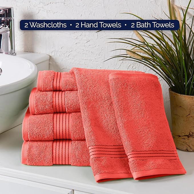 Elegant Comfort Premium Cotton 6-Piece Towel Set, Includes 2 Washcloths, 2 Hand Towels and 2 Bath Towels, 100% Turkish Cotton - Highly Absorbent and Super Soft Towels for Bathroom, Coral