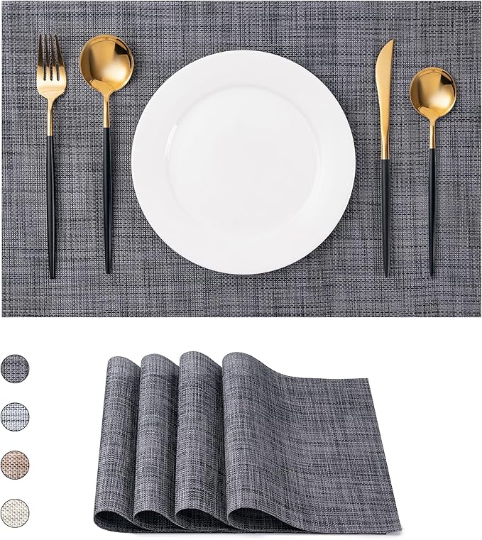 CADONO Placemats Set of 4 Washable Indoor/Outdoor Vinyl Place Mats for Dining Table Durable Non-Slip Heat Resistant PVC Weave Table Mats(Black)