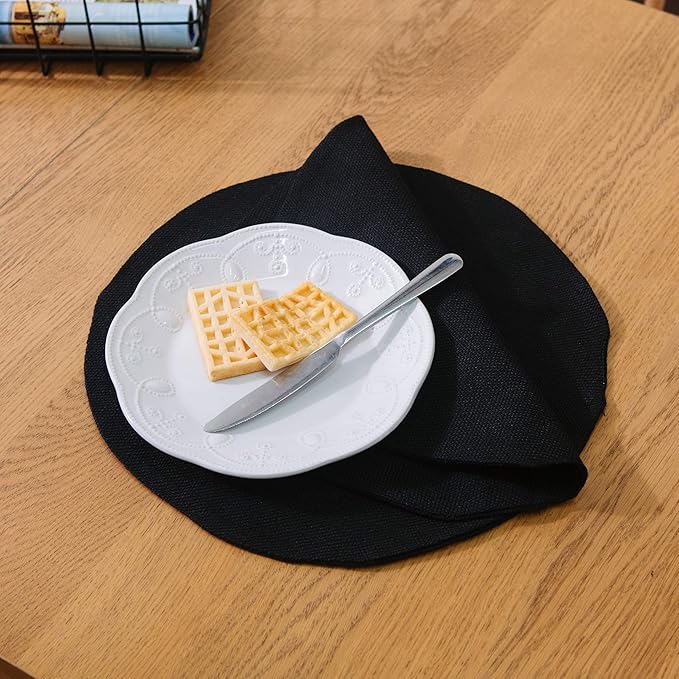 Set of 4 Round Placemat 15 Inch Soft Linen eco-Friendly Fabric Handcrafted Machine Washable Indoor & Outdoor Tablemat Black