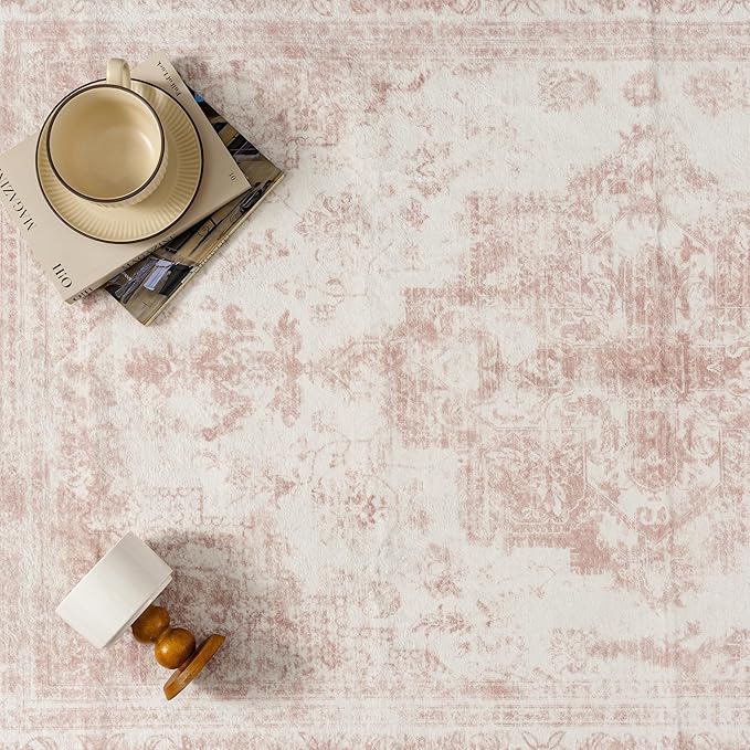 Area Rug 3x5 Washable Pink Rug Vintage Boho Medallion Entryway Door Mat Entrance Distressed Retro Carpet Non Slip Low Pile Small Soft for Office Kitchen Bedroom Laundry Bathroom Hallway