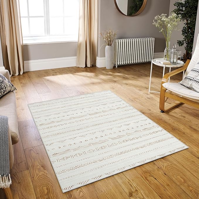 Deerly 3x5 Rug Boho Moroccan Farmhouse Machine Washable Rugs 3x5 Area Rug with Rubber Backing, Soft Low Pile Indoor Floor Carpet Neutral Rug for Entryway Kitchen Laundry Bedroom, Light Brown