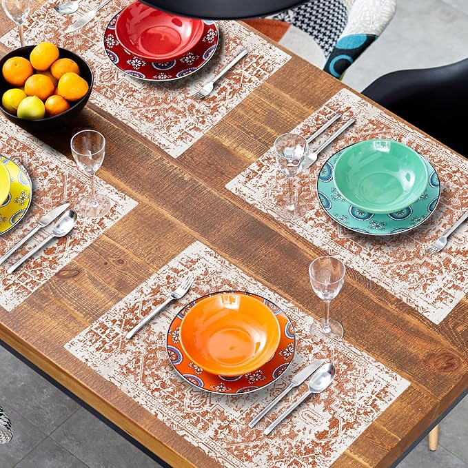 Gray Burnt Orange Boho Placemats Set of 6 Ethnic Bohemian Carpet Place Mats Washable Kitchen Dining Vintage Grey Geography Floral Linen Table Mats Stain Heat-Resistant for Home Party Indoor 12x18 in