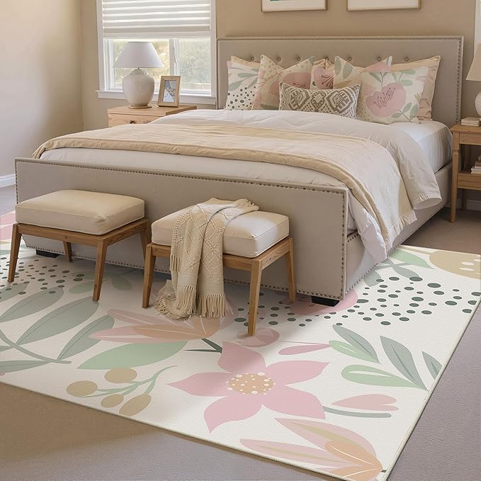Pink Area Rug 8x10 Washable Boho Large Living Room Carpet Non Slip Kitchen Soft Cute Bedroom Botanical Indoor Accent Rug for Office Dining Room Nursery Bathroom Farmhouse