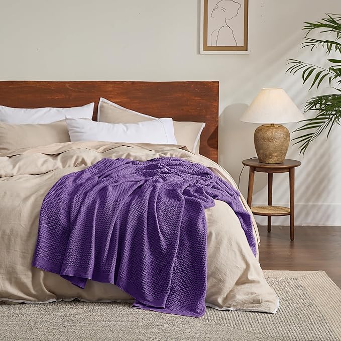 Bedsure 100% Cotton Blanket King Size for Bed - Breathable and Soft, Waffle Weave Blanket for Summer Spring, Purple, 104x90 inches