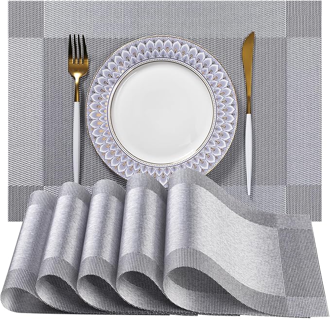 LEXMORE PlaceMats Set of 12 Vinyl/Plastic Woven Place Mats for Kitchen Table Indoor/Outdoor Washable PlaceMat Wipeable Dining Table Mats(Silver Cube)