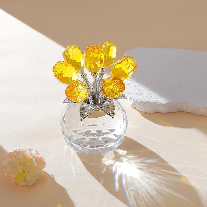 Yellow Rose Flower Crystal Figurine with Vase, Bouquet Flowers Ornament Gifts for Wife Girlfriend Women , Handmade Crystal Flower Collectible Home Table Decor for Valentine's Day Wedding Anniversary
