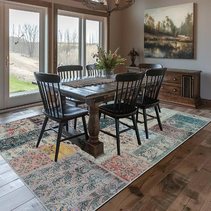 Area Rug 6x9 for Living Room,Washable Stain Resistant Geometric Boho Rugs for Dining Room Table,Light Tan Beige Brown and Dark Green Yellow Rust Orange