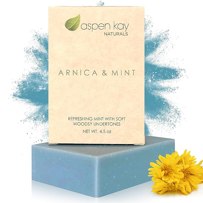 Aspen Kay Naturals Handmade Arnica & Mint Soap. Vegan, Cold processed - Olive, Shea Butter, Coconut, Essential, and Palm Oil. All Skin Types & Sensitive Skin, Made in the USA