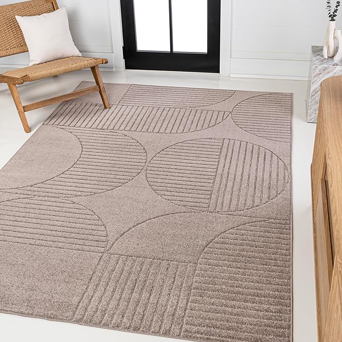 JONATHAN Y SCN104D-8 Nordby High-Low Geometric Arch Scandi Striped Taupe/Beige 8 ft. x 10 ft. Indoor/Outdoor Area Rug for Patio, Backyard, Living Room, Bedroom, Office, Hose-Washable